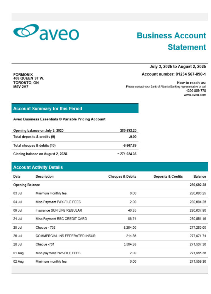 Relevé de compte de l'entreprise Aveo au format Word et PDF